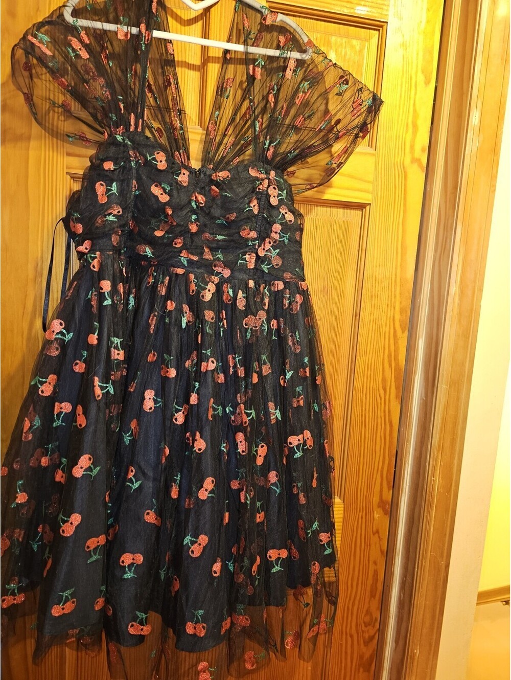 Unique Vintage Black & Glitter Cherry Print Heart & Soul Babydoll Dress Plus 3x